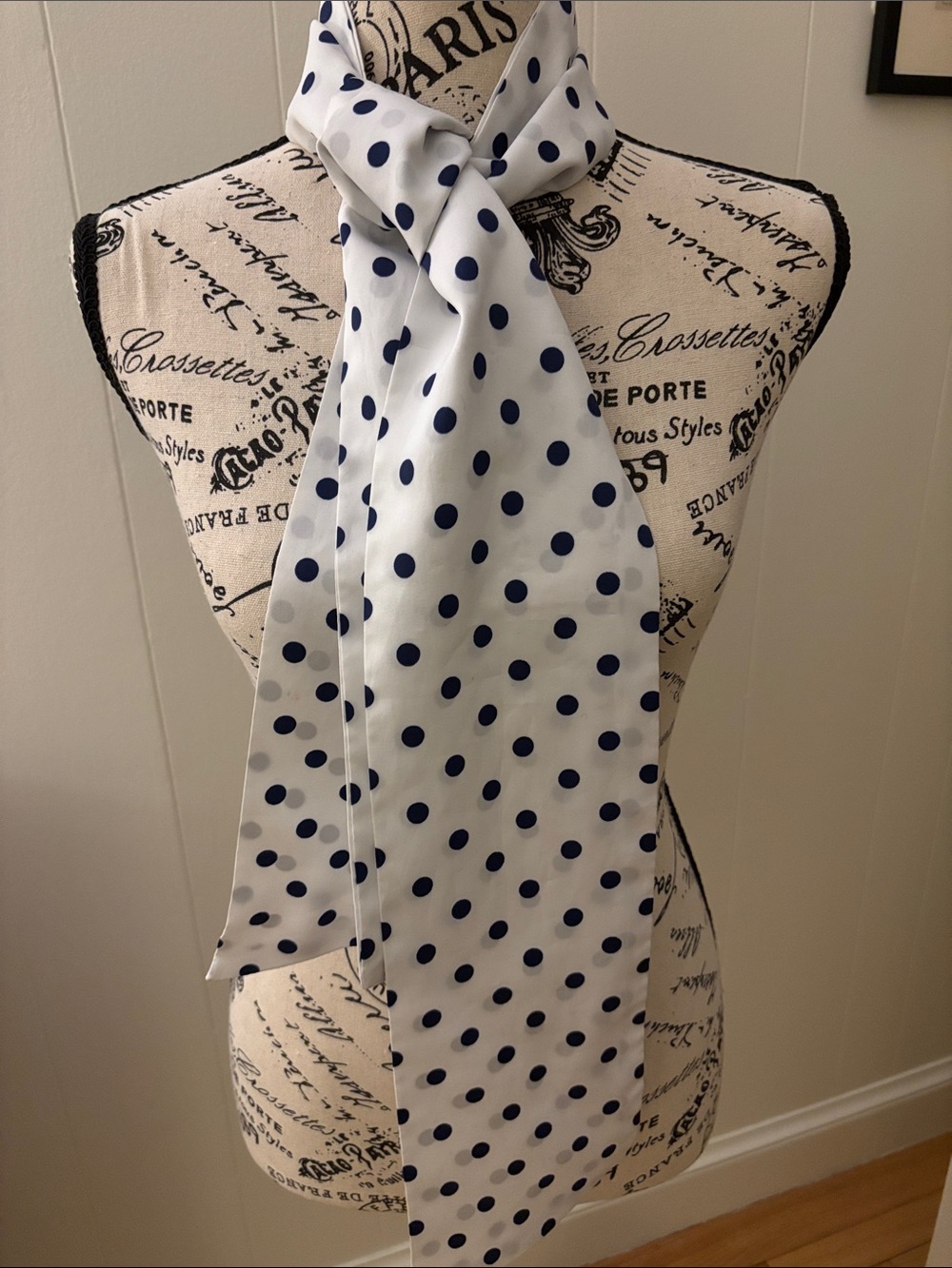 White Satin Polka Dot Scarf with Navy Dots